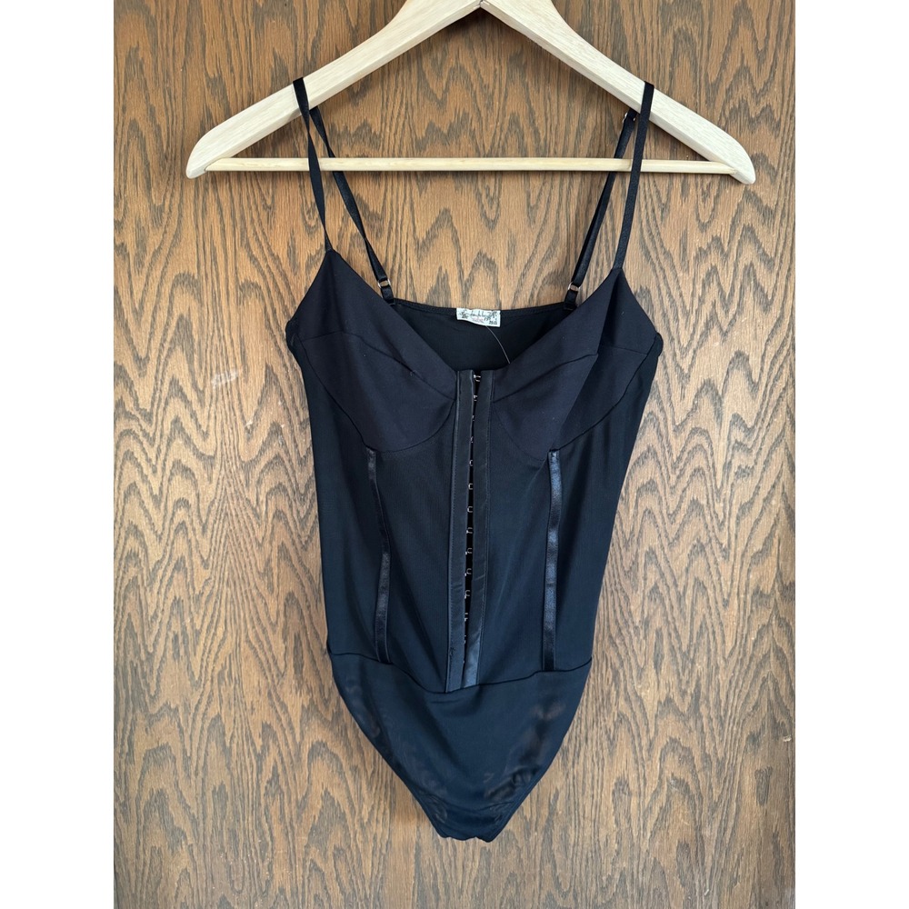 Free People Black Corset Bodysuit Hook & Eye‎ Sheer Mesh Cups Strappy Size M